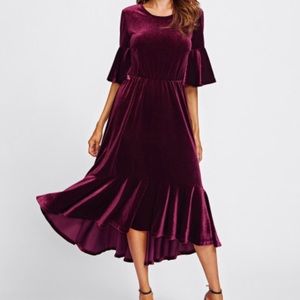Velvet ruffle midi dress